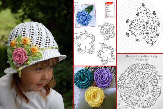 Foto de chapéu de crochê branco com gráfico da rosa aplicada com gráfico da flor ao lado