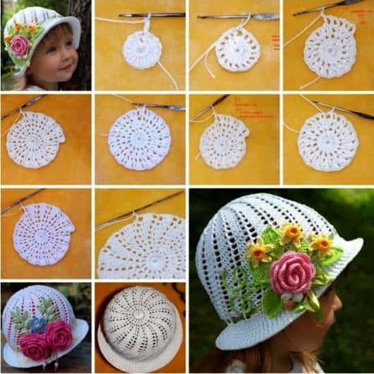 foto de menina com chapéu de crochê branco com rosas aplicadas com o gráfico do chapéu
