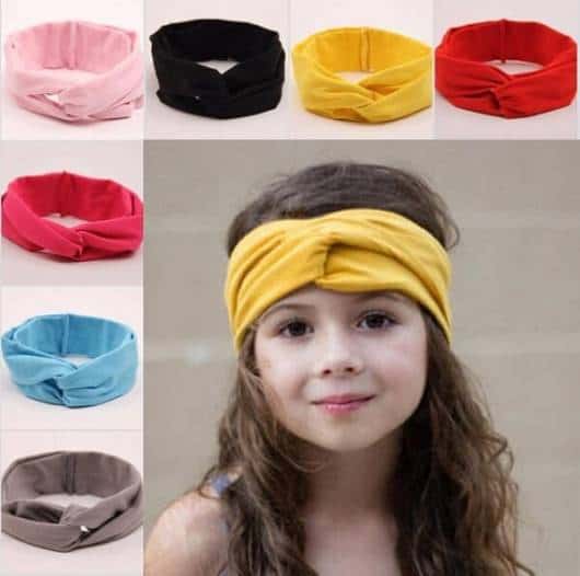 montagem com fotos de várias cores coloridas de turbante infantil.