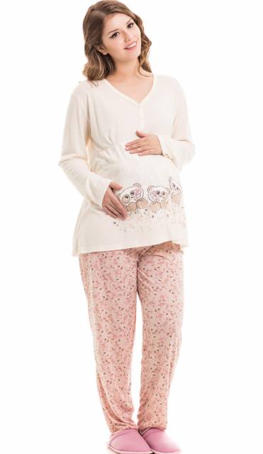 conjunto de pijama para gestante com calça estampada e manga longa