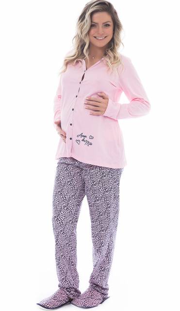 conjunto de pijama para gestante de manga longa e calça estampada rosa