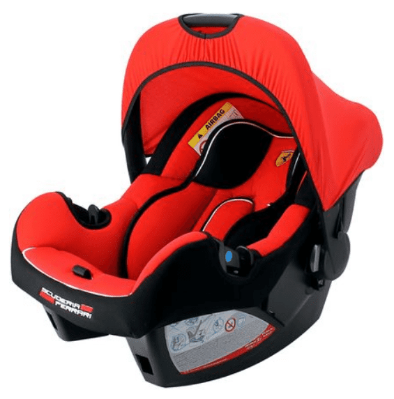Bebê conforto vermelho e preto.