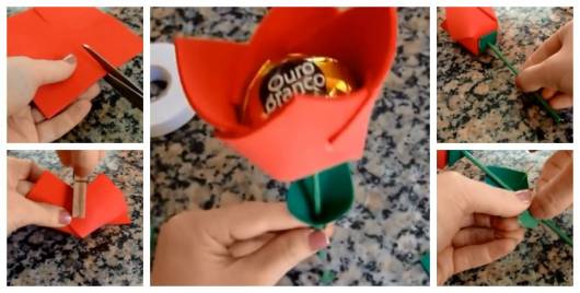 Montagem com cinco fotos ensinando a fazer uma tulipa de EVA.