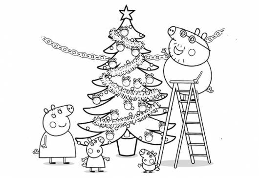 desenhos para colorir Peppa Pig decorando árvore de natal