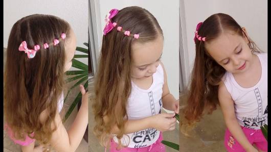 Penteado Infantil para escola cabelo solo com presilhas rosas de lado