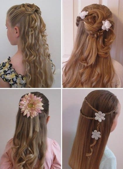 Penteado Infantil para cabelo longo solto cacheado com flor