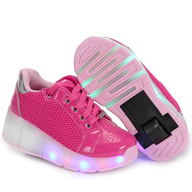 Tênis de rodinha feminino rosa e branco com LED