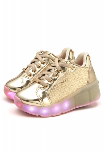 Tênis de rodinha feminino dourado com LED rosa