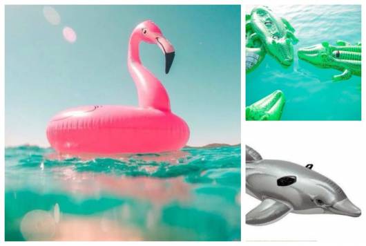 Boias infláveis no formato de jacaré, golfinho e flamingo.