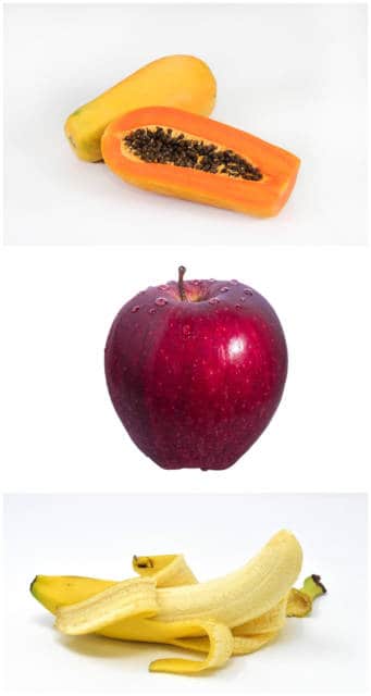 Montagem com fotos de mamão, banana e maçã.
