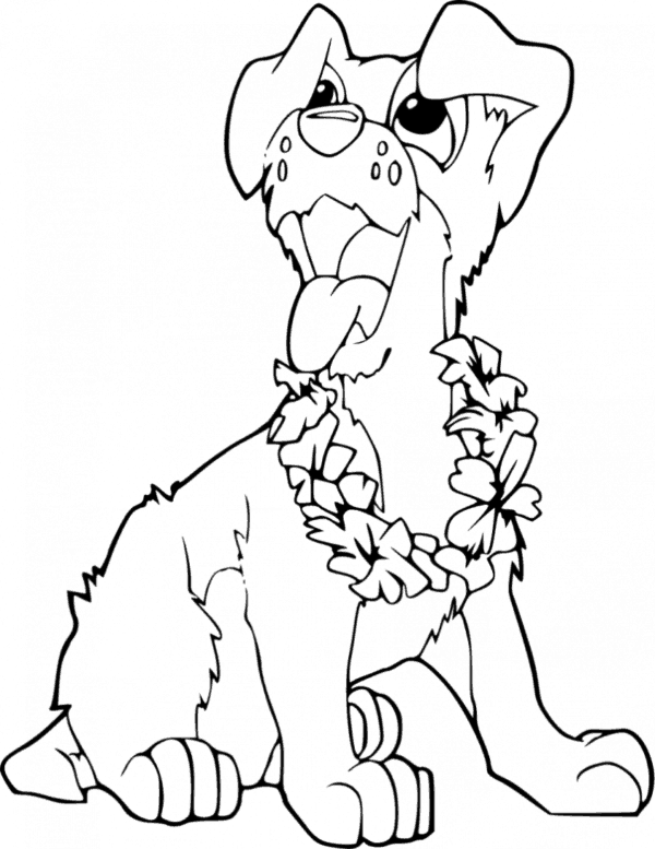 Cachorro com colar de flores para colorir
