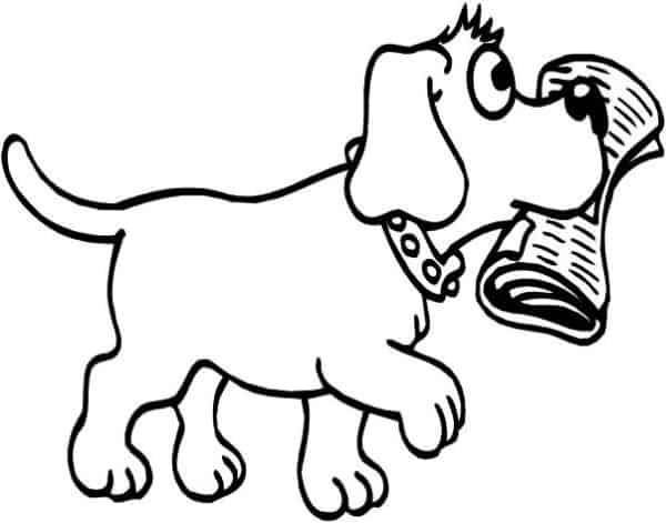 Desenho de cachorro para colorir com jornal na boca