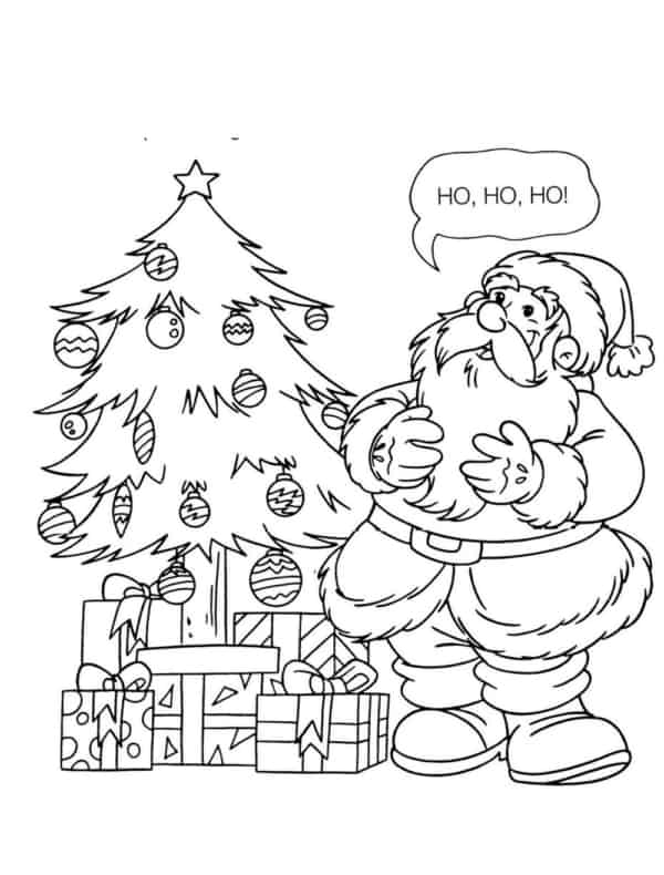 Papai Noel com árvore de Natal e presentes