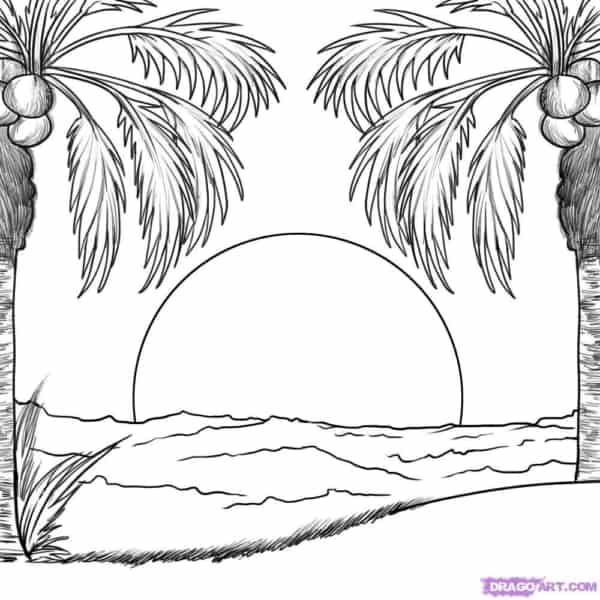 desenho de sol se pondo na praia