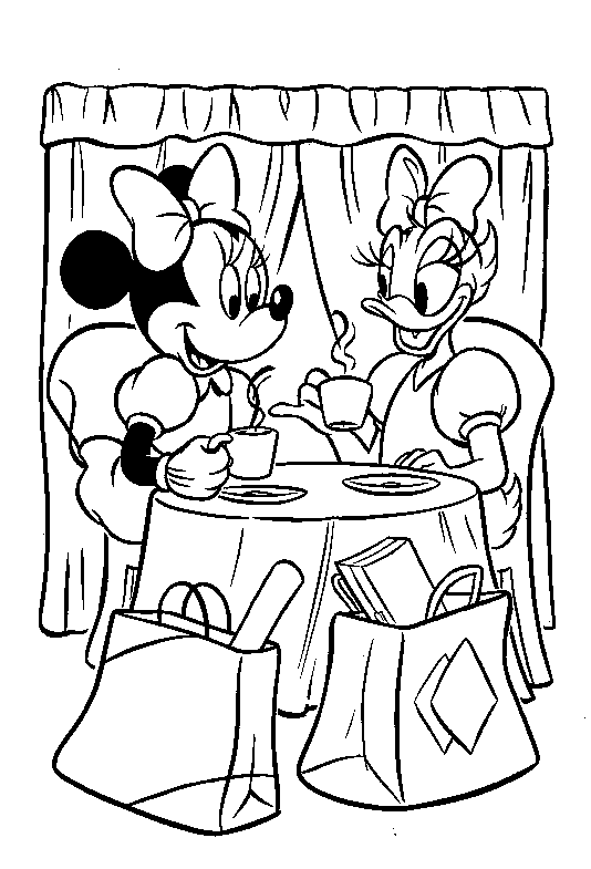 Margarida e Minnie tomam café depois de irem as compras