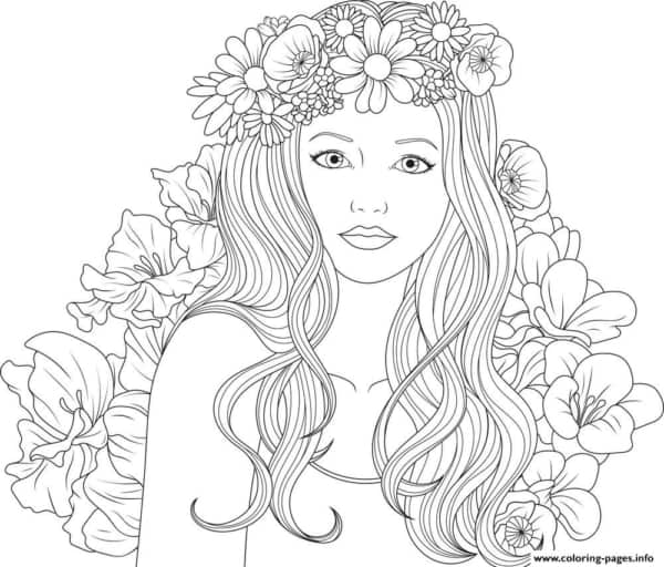 desenho de menina com flores para colorir