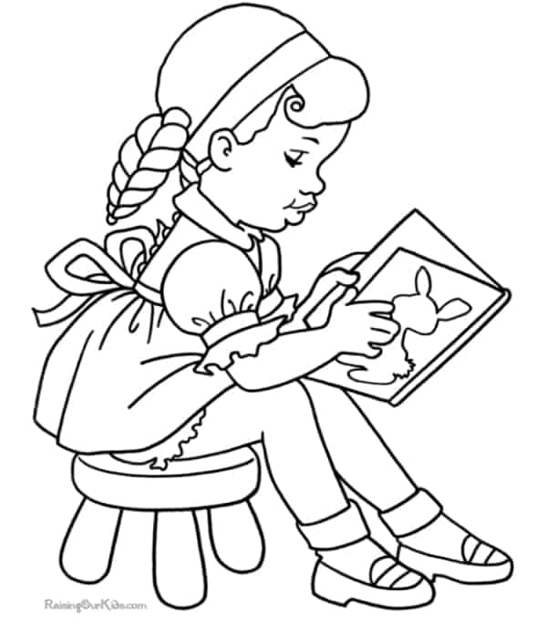 desenho de menina lendo livro para colorir