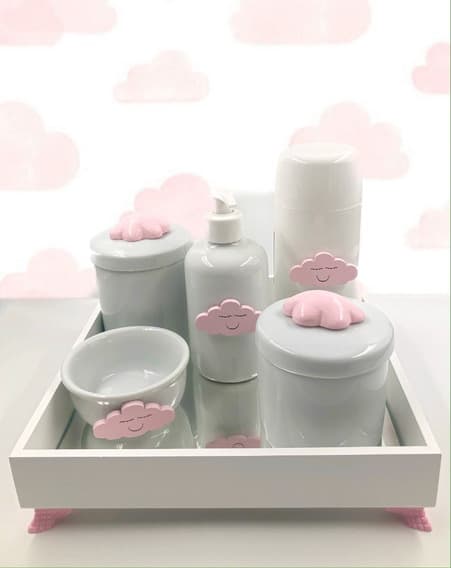 kit higiene branco com nuvem rosa