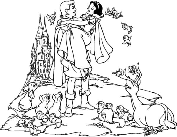 Branca de Neve com principe e animais para colorir