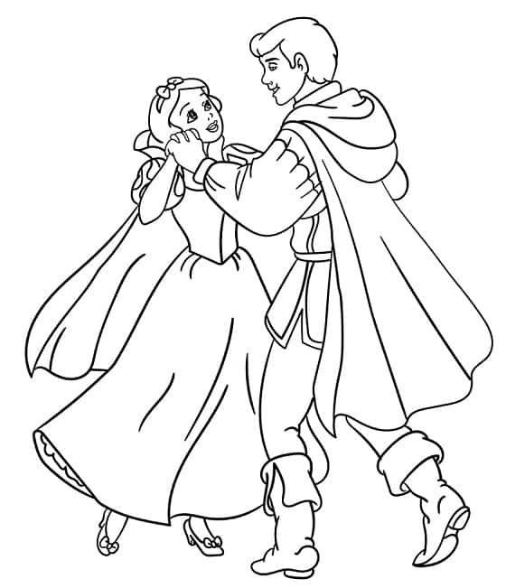 desenho para colorir da Branca de Neve dancando com o Principe