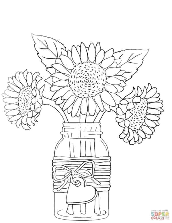 flores de girassol em vaso para colorir