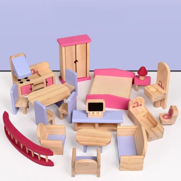 18 moveis de madeira de brinquedo