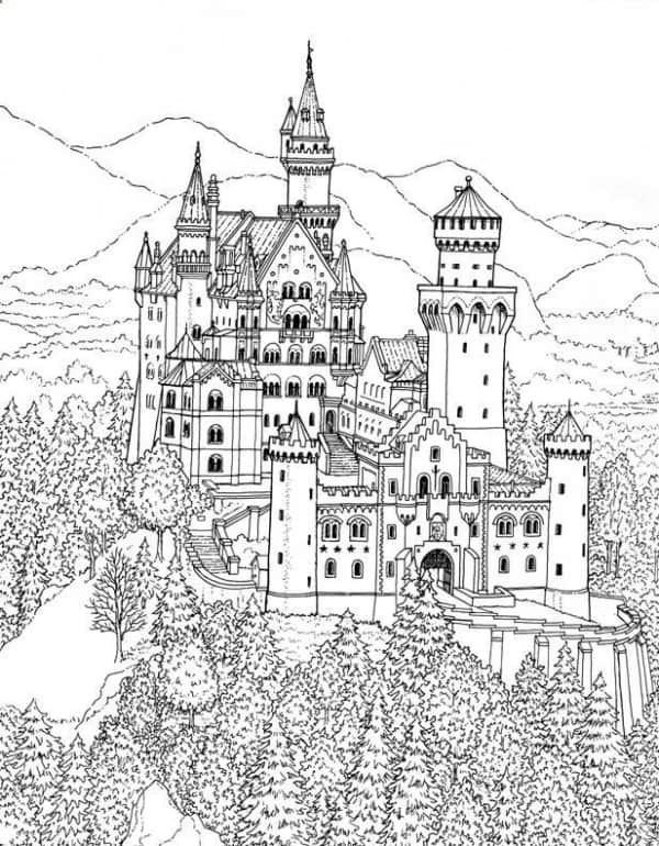 22 desenho de castelo com paisagem para colorir
