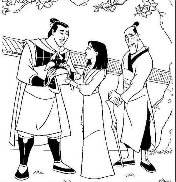 Mulan com seu pai e o general para colorir Fonte Pinterest