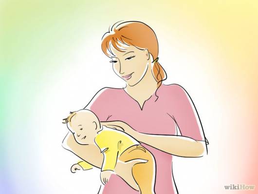 Ilustração com uma mãe segurando seu bebê no colo com a barriga para baixo.