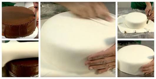 Montagem explicando como aplicar a pasta americana no bolo.
