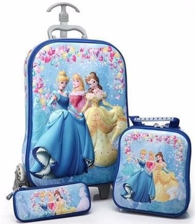 mochila Princesas azul com rodinhas
