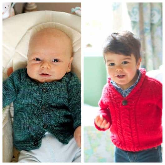 Bebês com jaquetas de tricot.