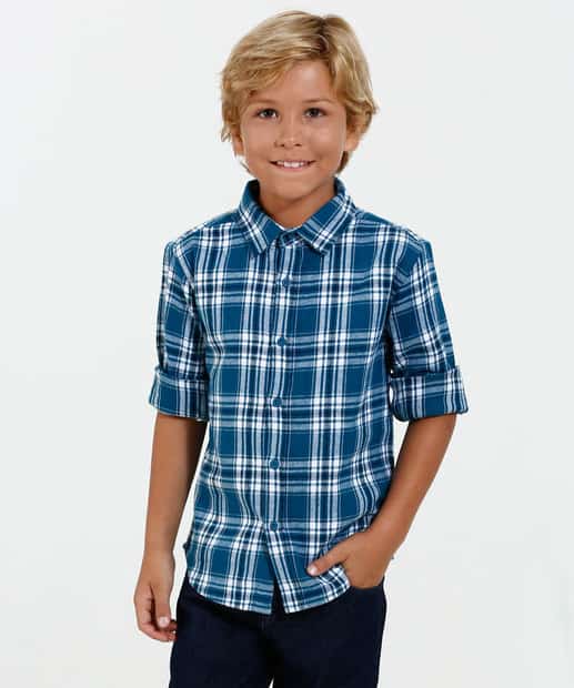 Camisa xadrez infantil masculina azul e branca com manga longa