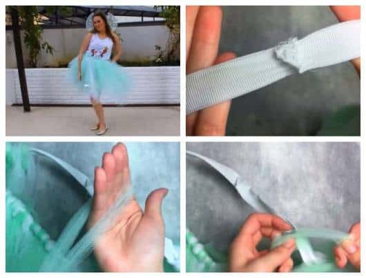 Montagem com quatro imagens ensinando a fazer saia de tule.