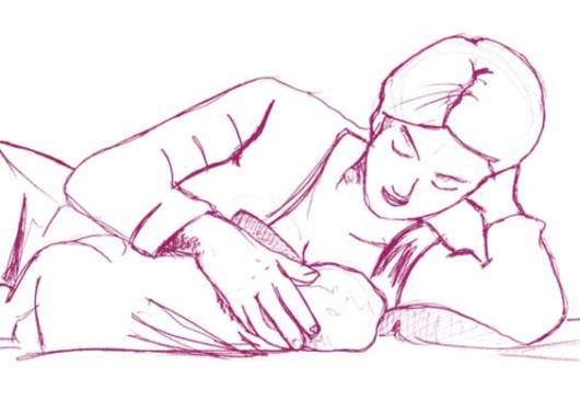 Desenho de mulher amamentando deitada.