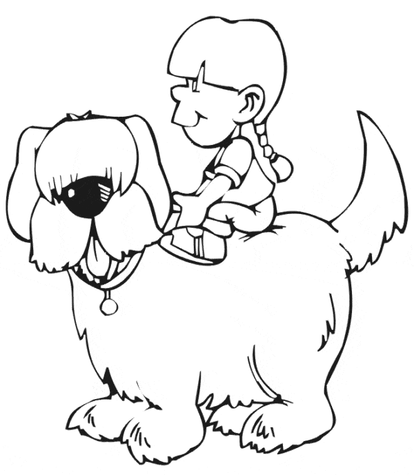 Menina em cima de cachorro para colorir