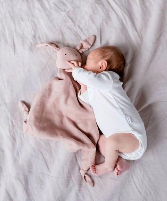 Bebezinho com naninha de coelhinho rosa