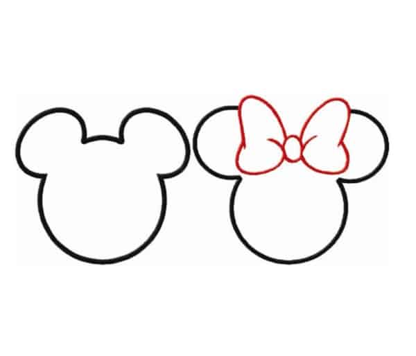 Formato da cabeça do Mickey e da Minnie com laço para colorir