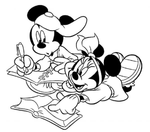 Mickey e Minnie estudando juntos para colorir
