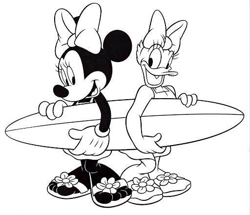Minnie para colorir com a sua amiga Margarida segurando uma prancha de surf