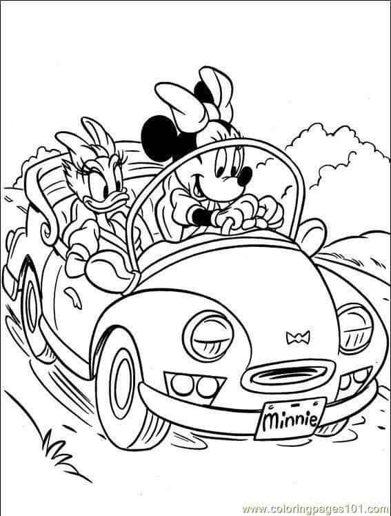 Minnie para colorir dirigindo com a companhia da amiga Margarida