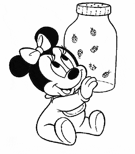 Minnie para colorir segurando potinho com joaninhas