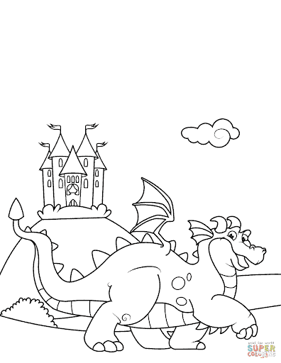 desenho de dragão e castelo para imprimir e pintar