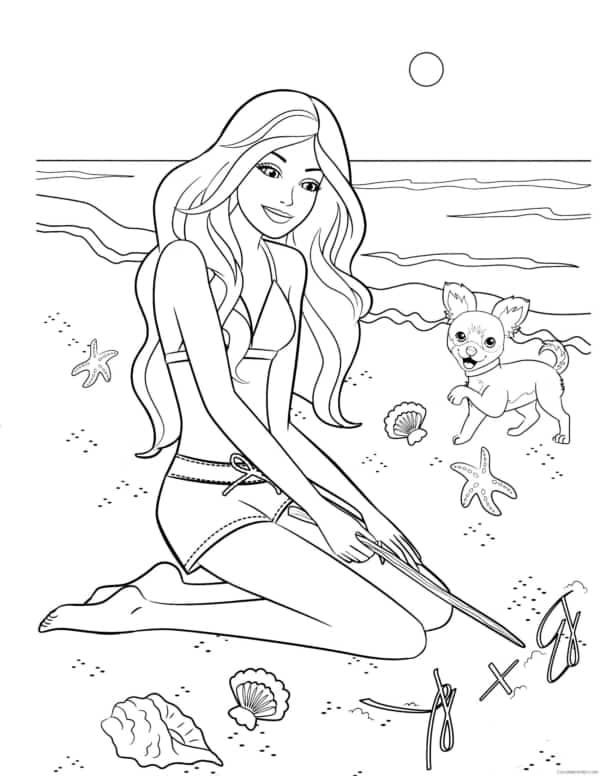 desenho da Barbie na praia com cachorro para colorir
