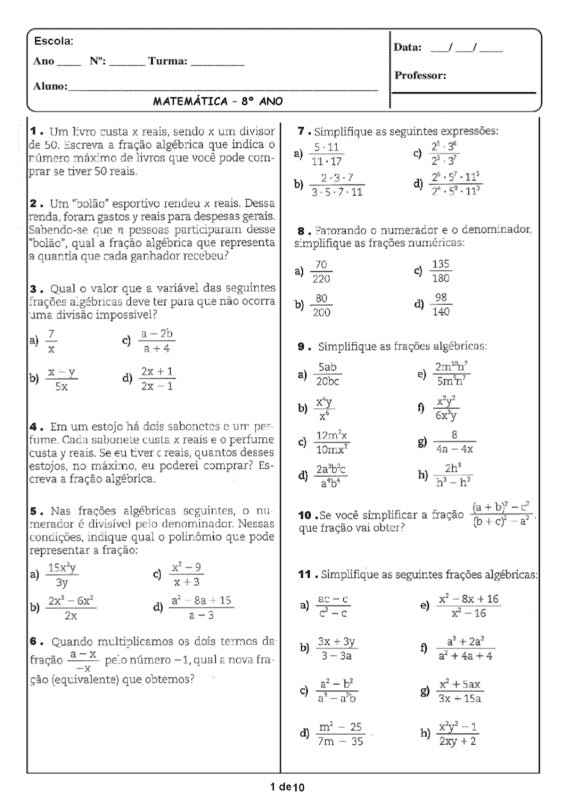 exercicios de matematica para imprimir para 8° ano