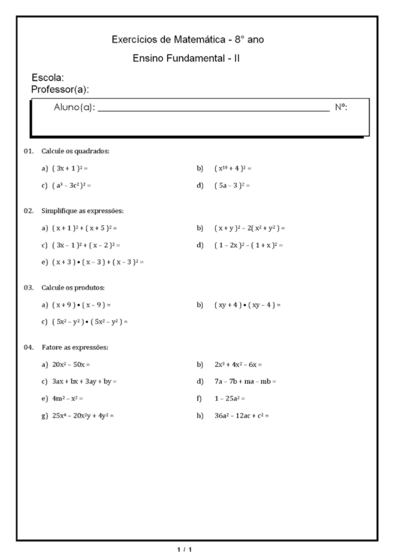 Atividades de Matemática - 8º ano e 9º ano