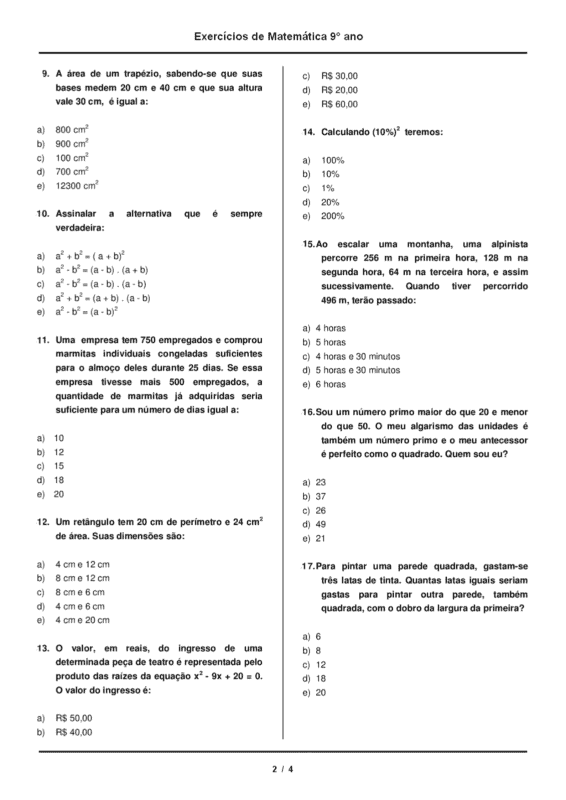 Lista De Atividades De Matemática Para Imprimir %