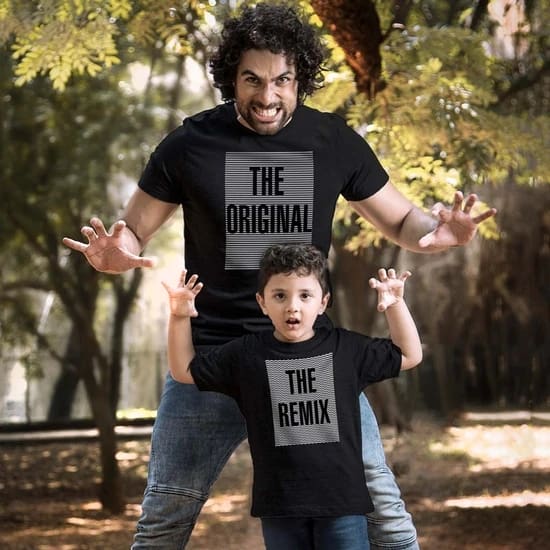 look pai e filho com camiseta divertida