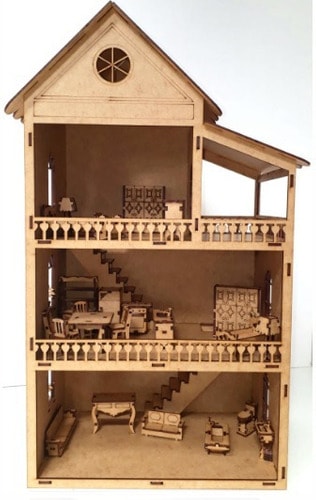 modelo de casa de boneca em MDF cru com varanda