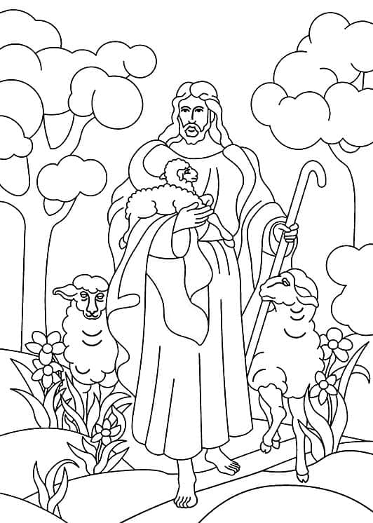 1 desenho de Jesus com ovelhas para colorir
